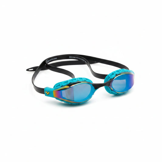 A pair of swim goggles with a black strap, turquoise and blue frame, and mirrored blue, purple, and gold lenses, shown on a plain white background.